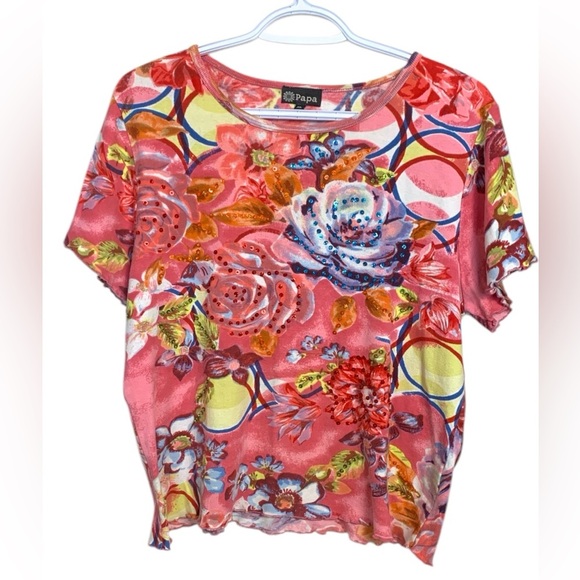 Papa Short Sleeve T shirt w Embellishments on the Front, Colourful - Picture 1 of 13